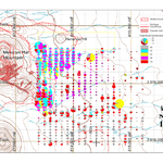 Proportional symbol map of standardized soil geochemistry results on a portion of the Mexican Hat Property, Cochise County, Az.
